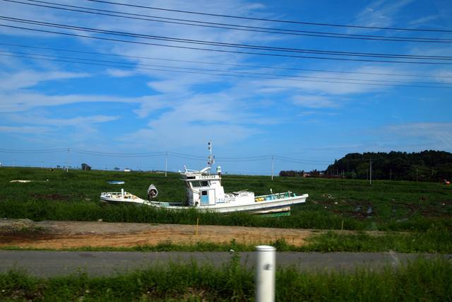津波の跡には逞しい草が生い茂り、漁船はそのまま残されている。
